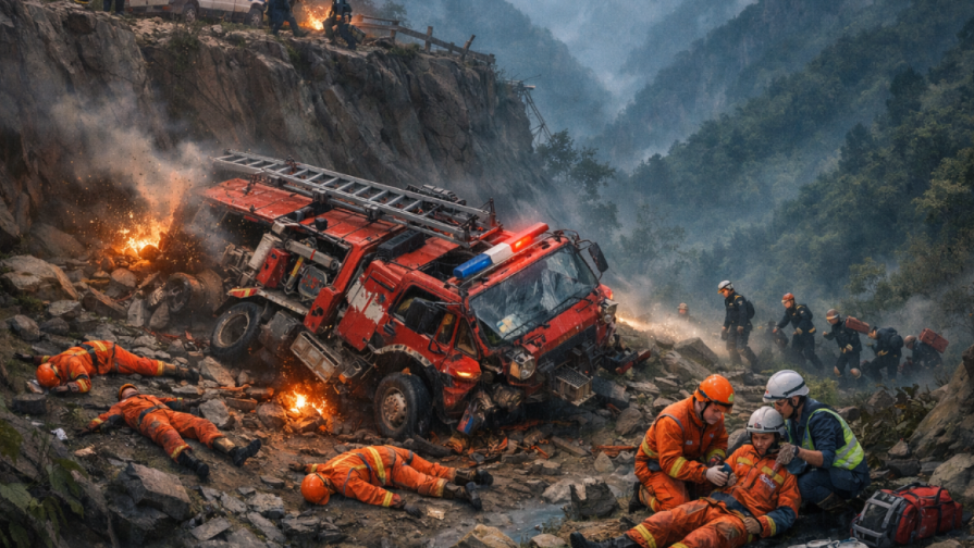Six Rescuers Die After Fire Truck Plunges Off Cliff in China